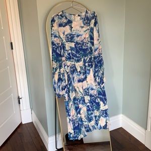 Y.A.S. mesh sheer floral white and blue long sleeve dress